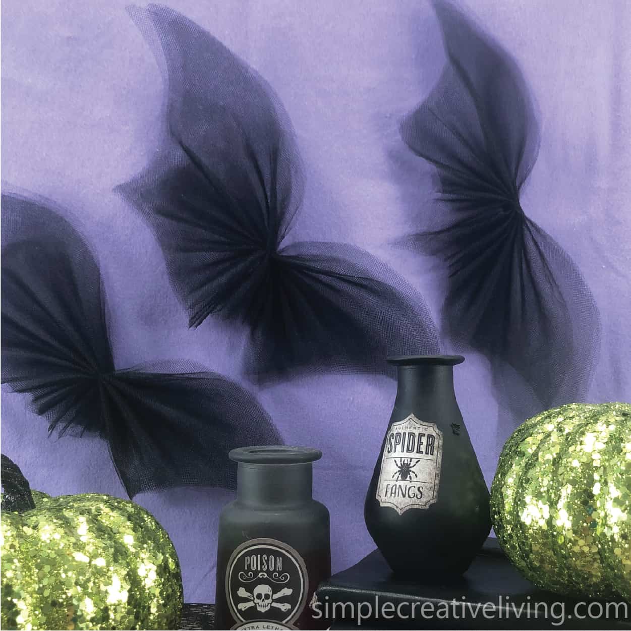 tulle bats with Halloween decorations